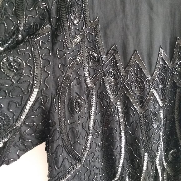 vintage 80s short sleeve black silk sequin cocktail top NWOT - Picture 3 of 9